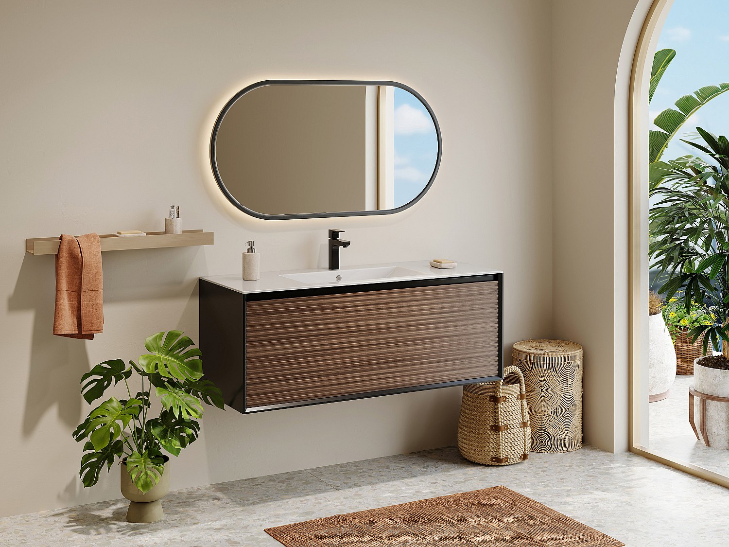 Waschbeckenunterschrank hängend - Streifenoptik - Holzfarben dunkel & Schwa günstig online kaufen