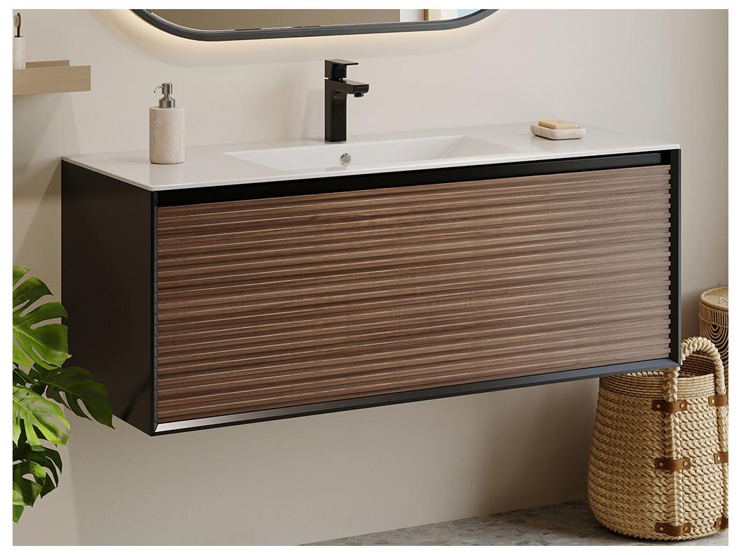 Meuble sous vasque suspendu strié - Coloris naturel foncé et noir - 120 cm - BANIVA