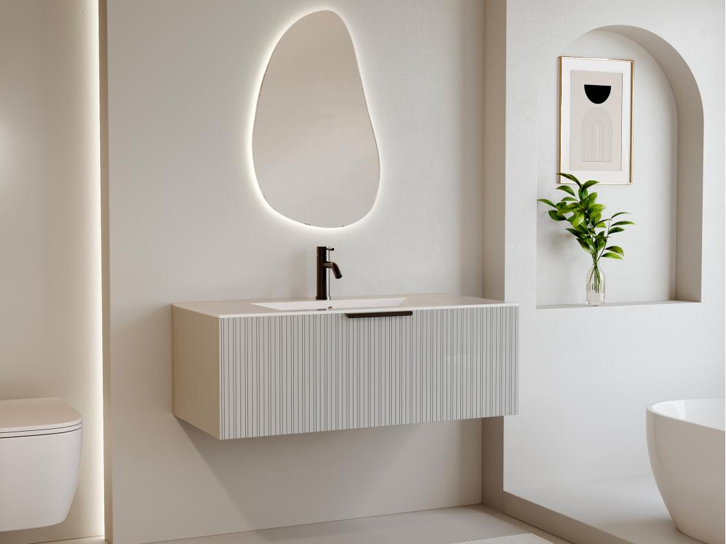 Meuble sous vasque suspendu strié - Coloris beige - 100 cm - PALIRO