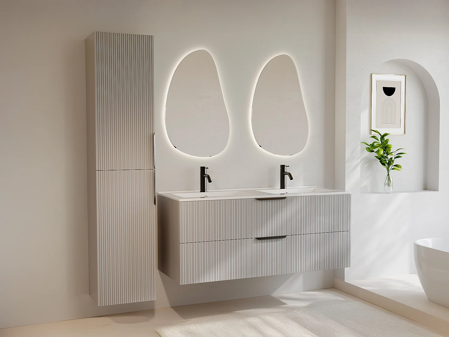 Colonne de salle de bain suspendue striée - Coloris beige - H160 cm - DALIKO