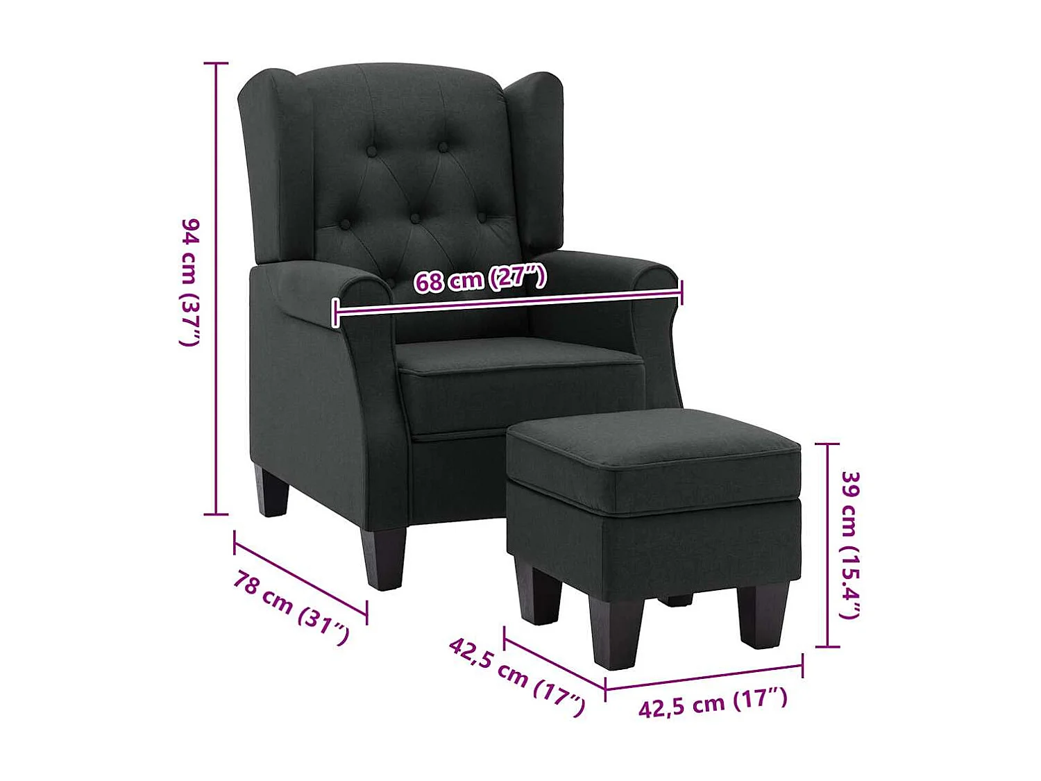 Sillón con reposapiés tela gris oscuro