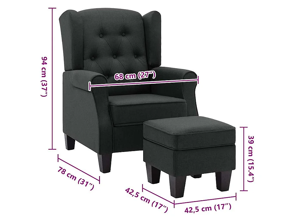 Fauteuil met voetenbankje stof donkergrijs
