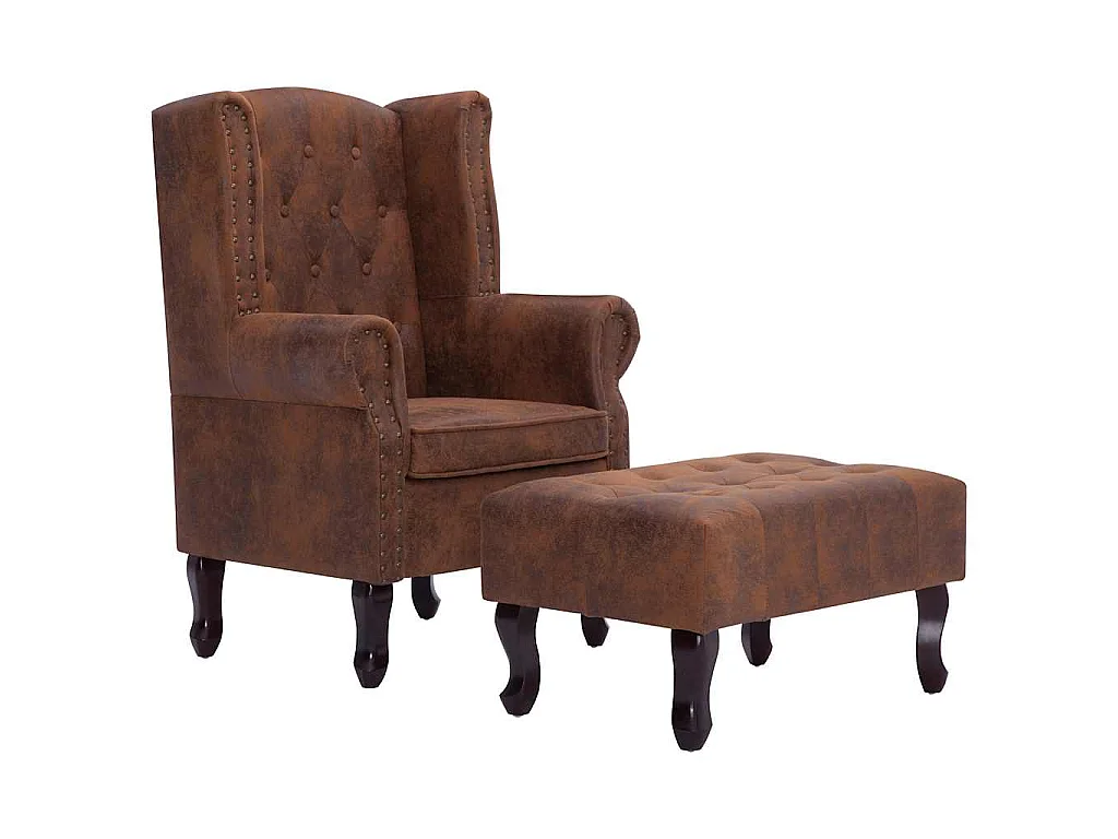 Fauteuil en voetenbank Chesterfield-stijl kunstsuède bruin
