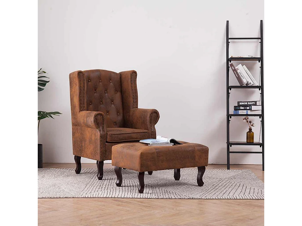 Fauteuil en voetenbank Chesterfield-stijl kunstsuède bruin
