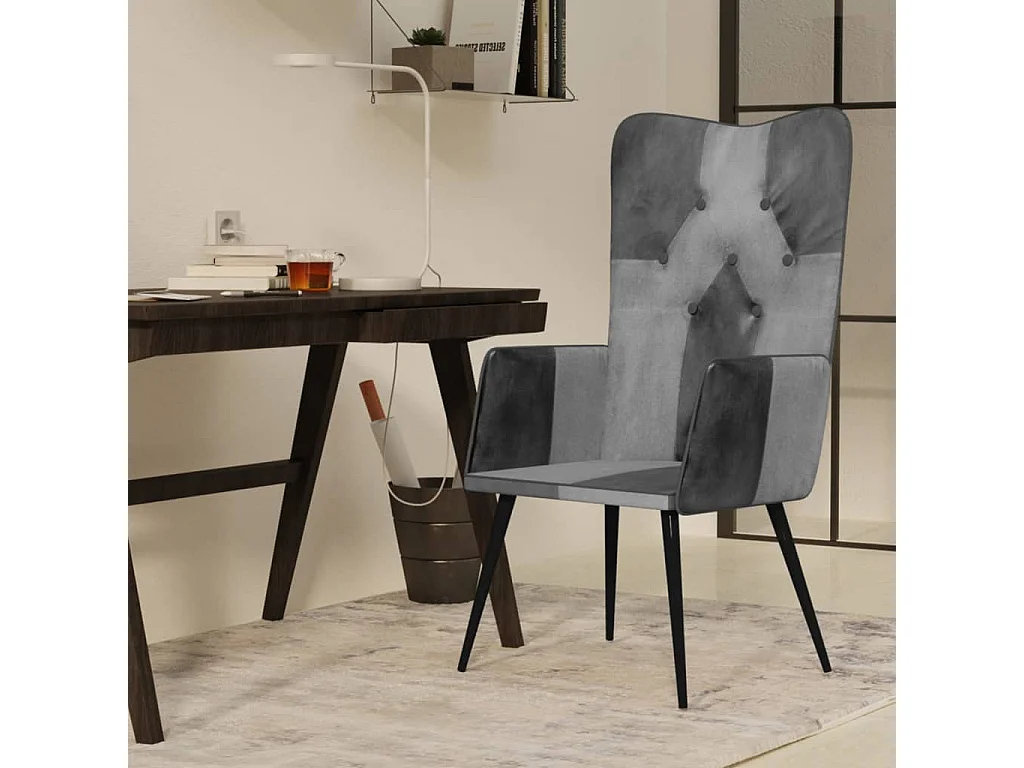 Sillón orejero de cuero auténtico gris