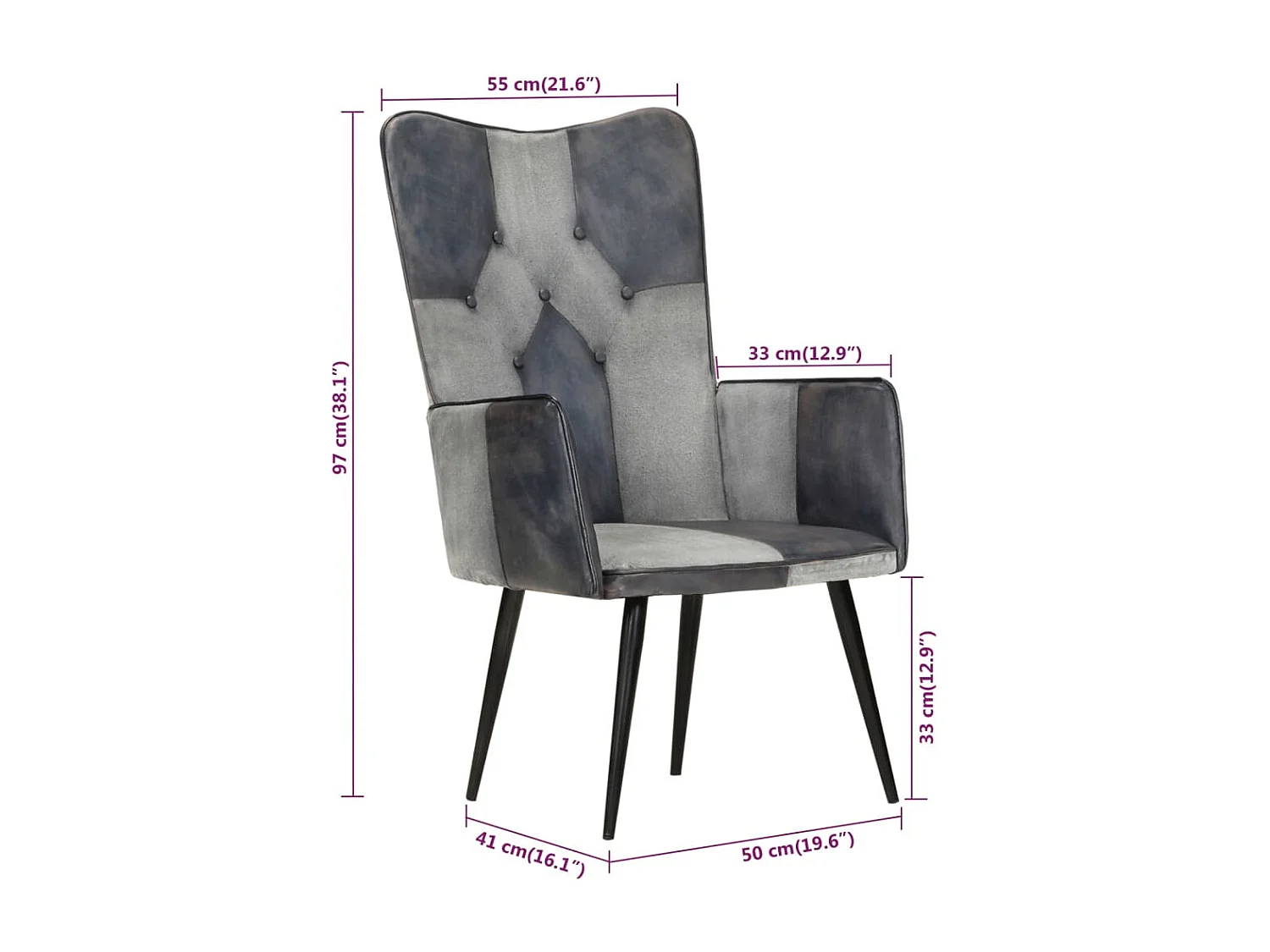 Sillón orejero de cuero auténtico gris