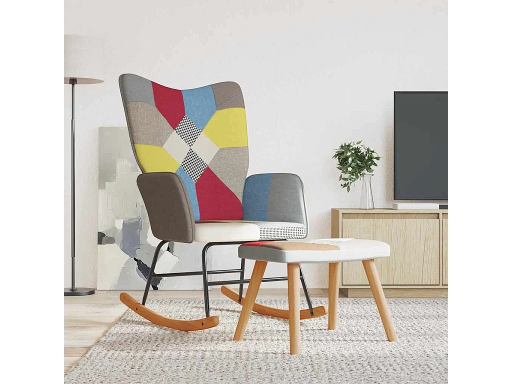 Sedia a Dondolo con Poggiapiedi in Tessuto Patchwork