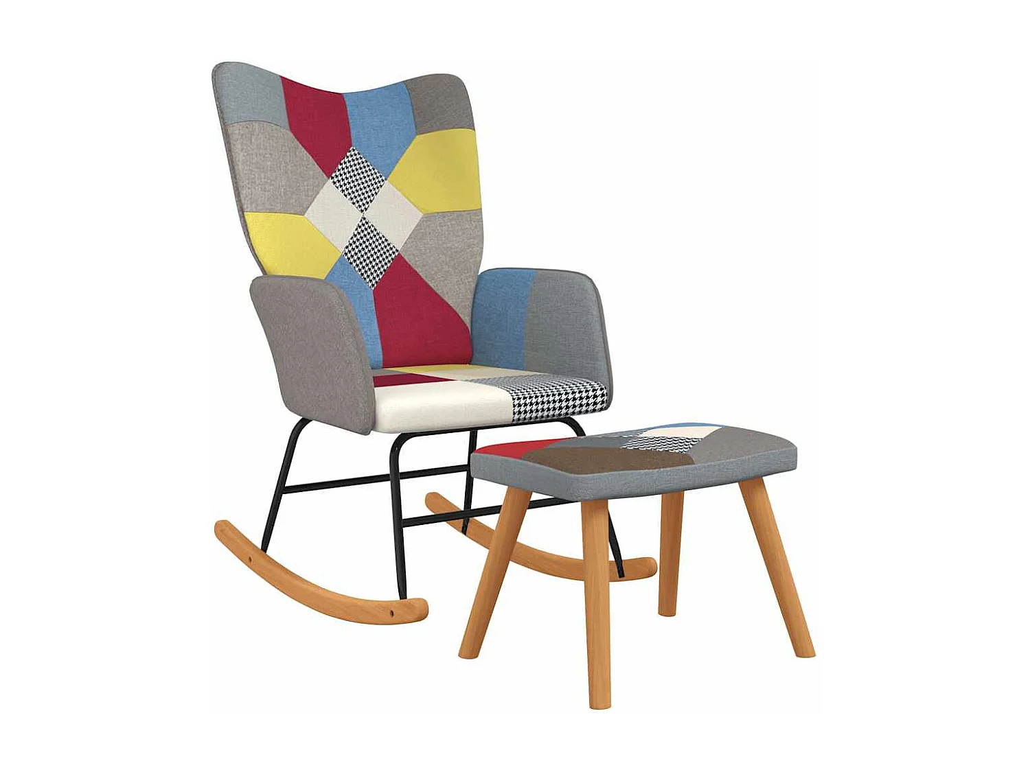 Sedia a Dondolo con Poggiapiedi in Tessuto Patchwork