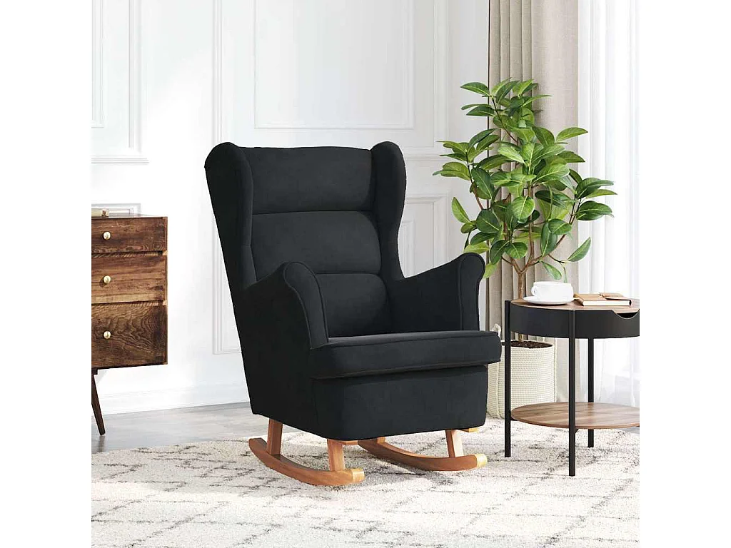 Fauteuil à bascule à oreilles en velours noir bois massif