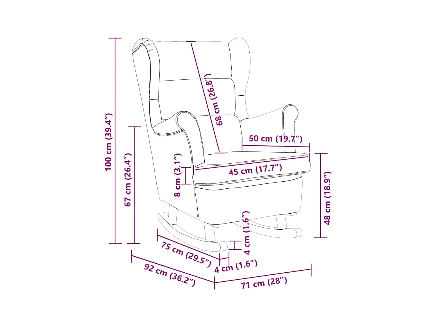 Fauteuil à bascule à oreilles en velours noir bois massif