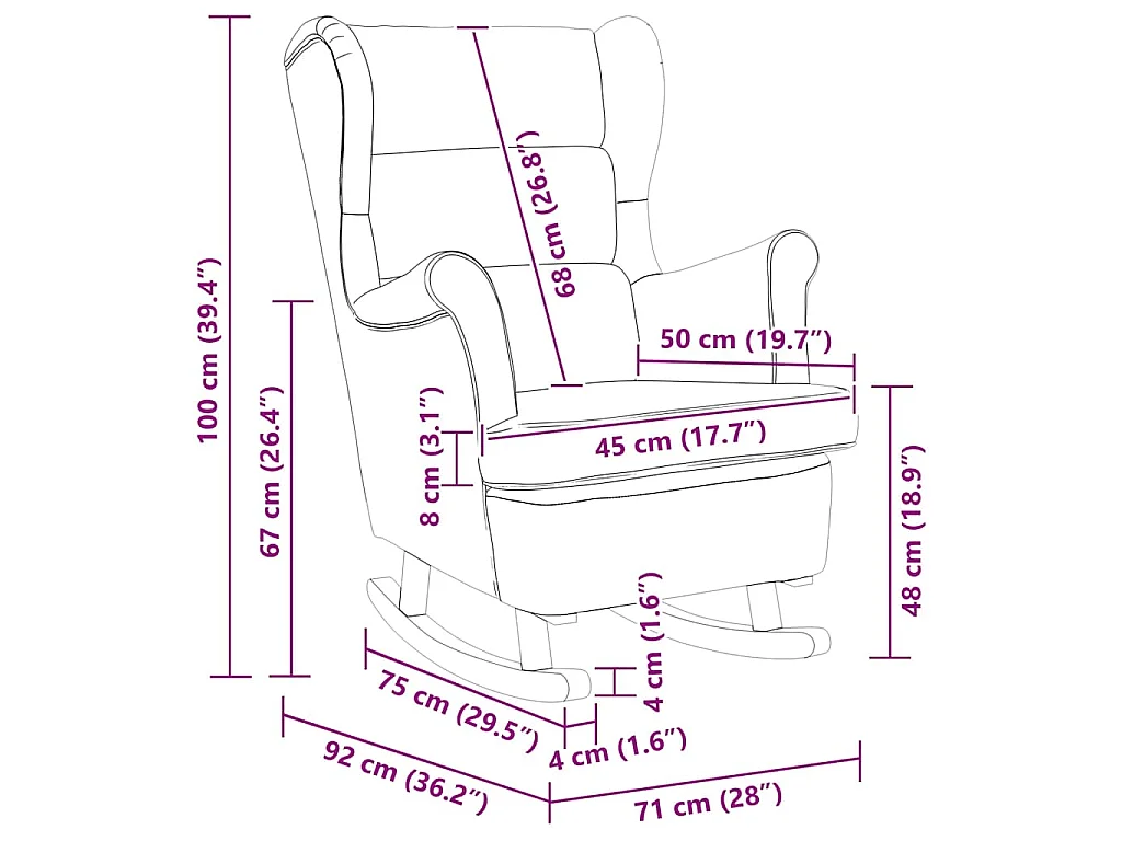 Fauteuil à bascule à oreilles en velours noir bois massif