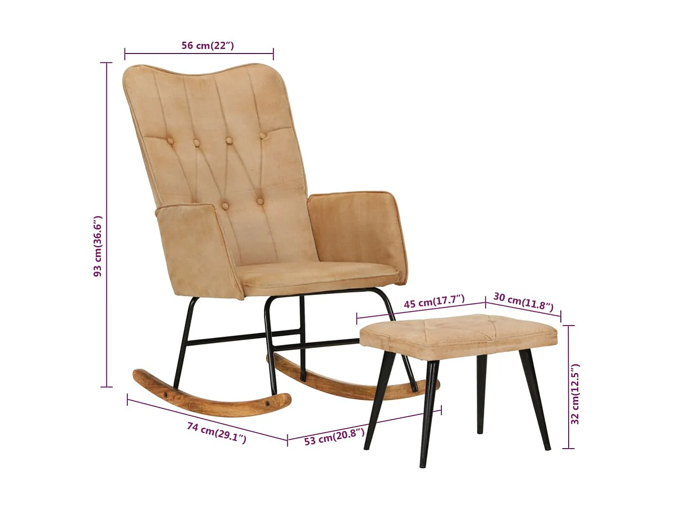 Schommelstoel met voetensteun in vintage stijl canvas crème