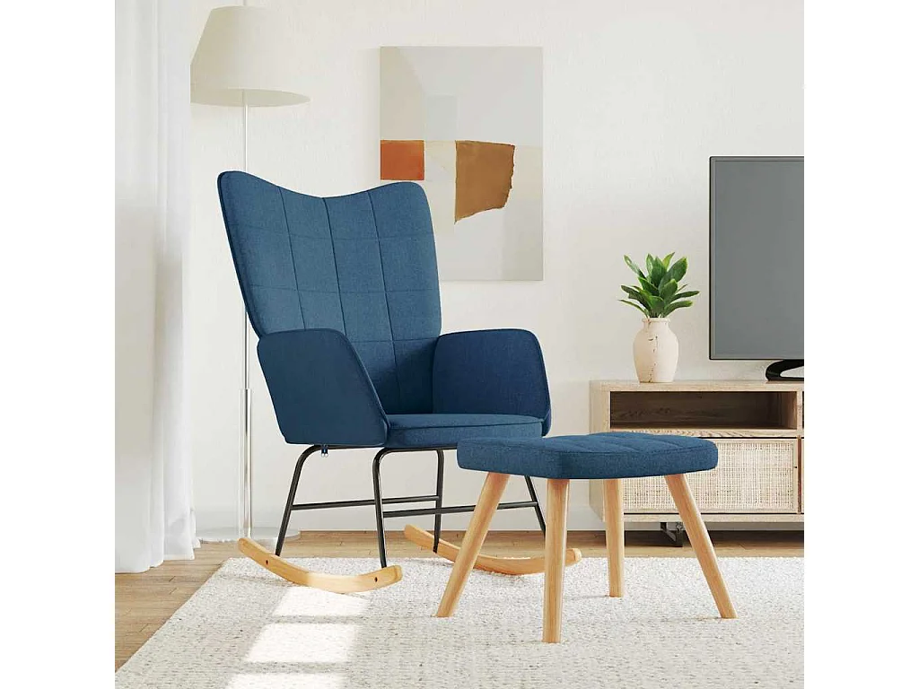 Silla mecedora con reposapiés tela azul