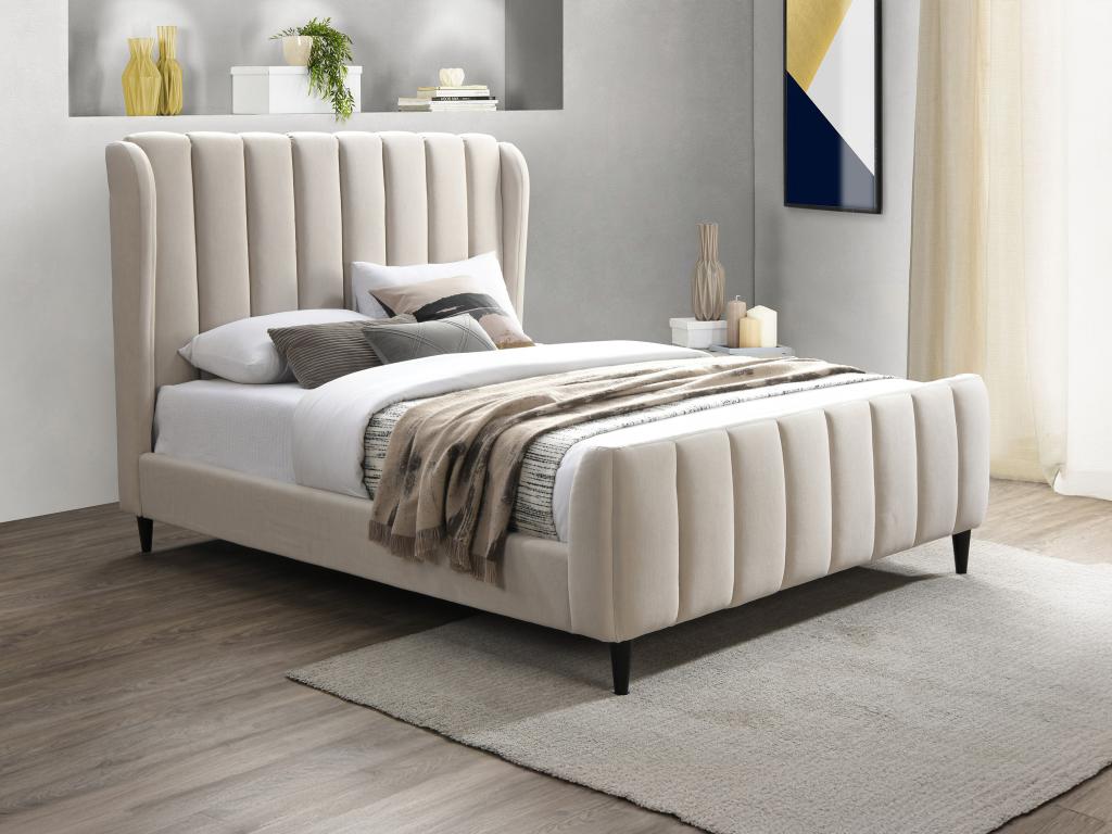 Lit 140 x 190 cm - Tissu avec coutures verticales - Beige + Matelas - CASAGOTI