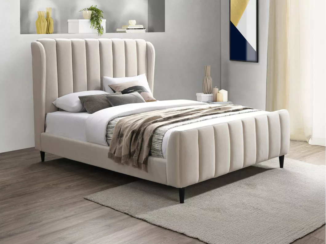 Kauf Unique Bett + Matratze - 160 x 200 cm - Stoff mit vertikalen Ziernähten - Beige - CASAGOTI