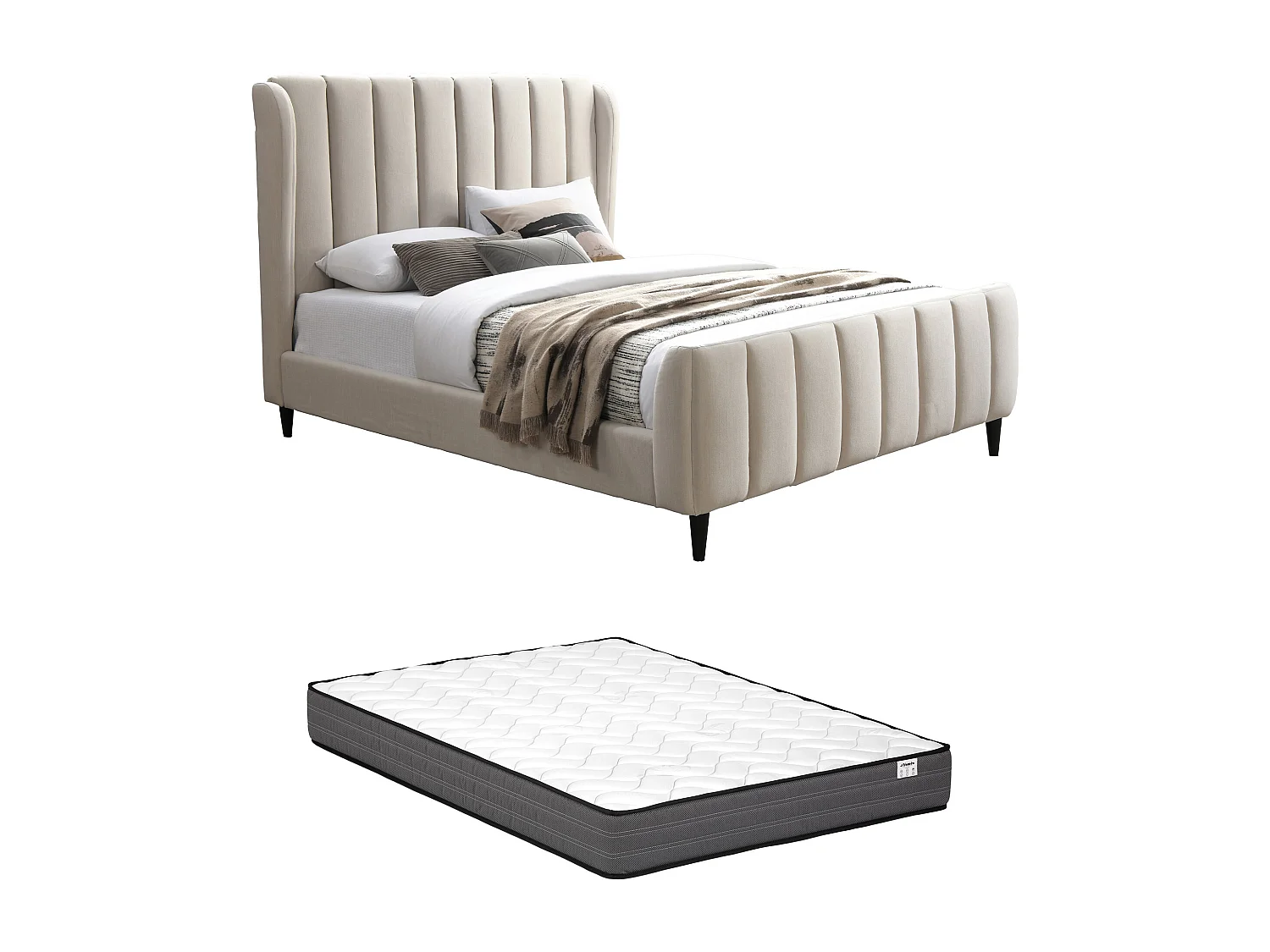 Cama 180x200 cm tecido com costuras verticais bege + colchão - CASAGOTI