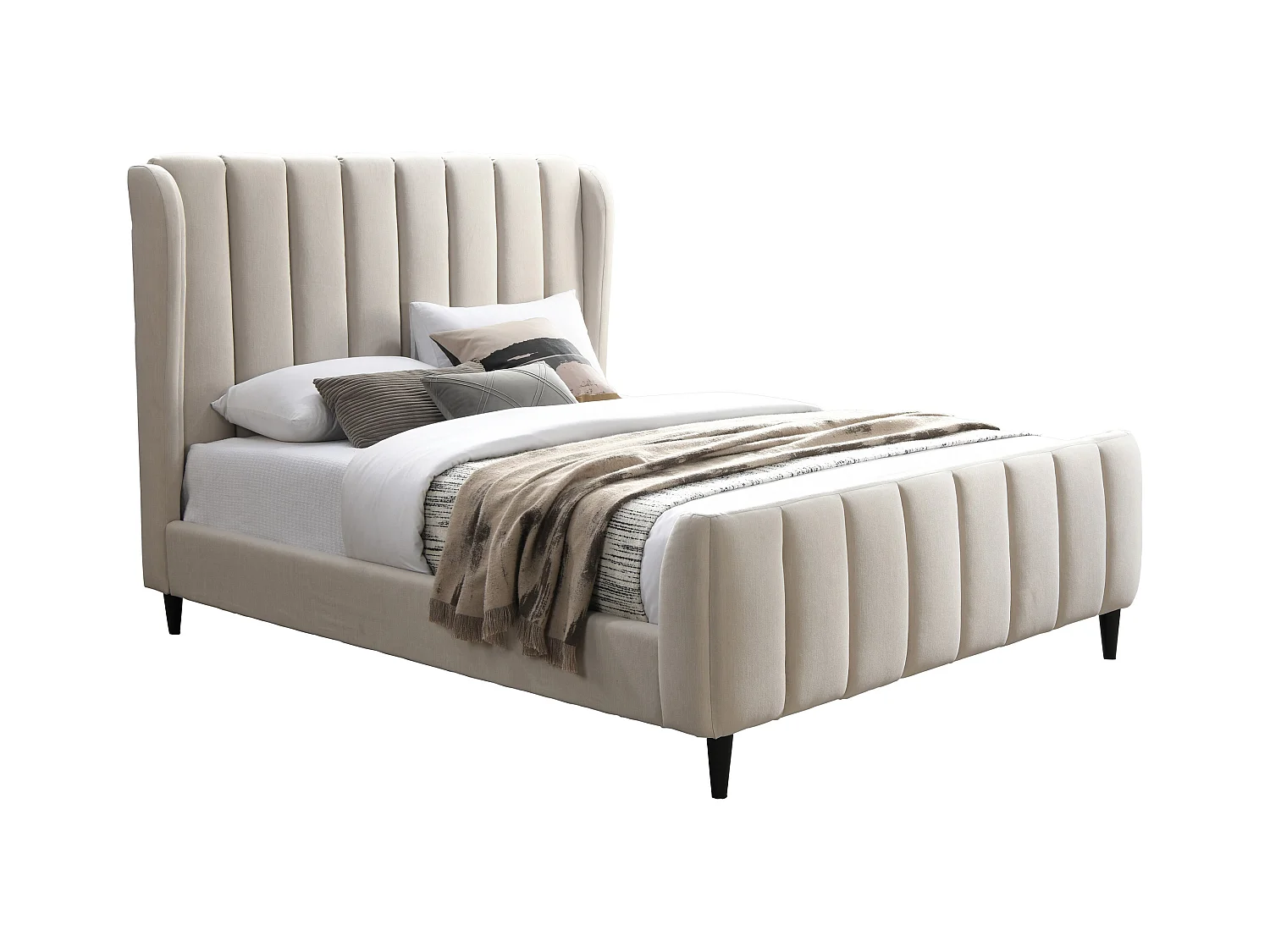 Bett + Matratze - 180 x 200 cm - Stoff mit vertikalen Ziernähten - Beige - CASAGOTI