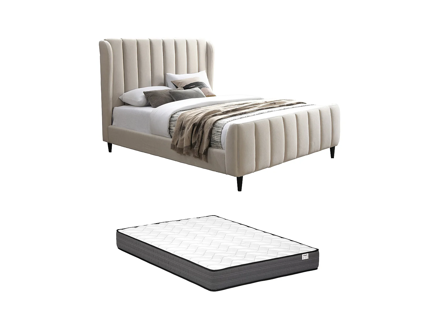 Bett + Matratze - 180 x 200 cm - Stoff mit vertikalen Ziernähten - Beige - CASAGOTI