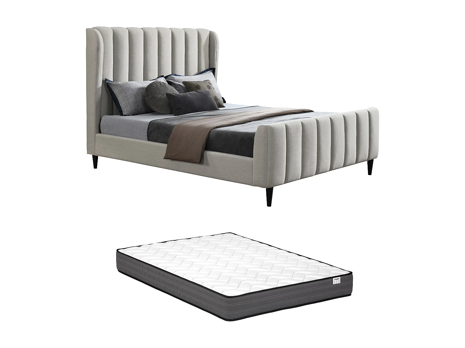 Lit 140 x 190 cm - Tissu avec coutures verticales - Gris clair + Matelas - CASAGOTI