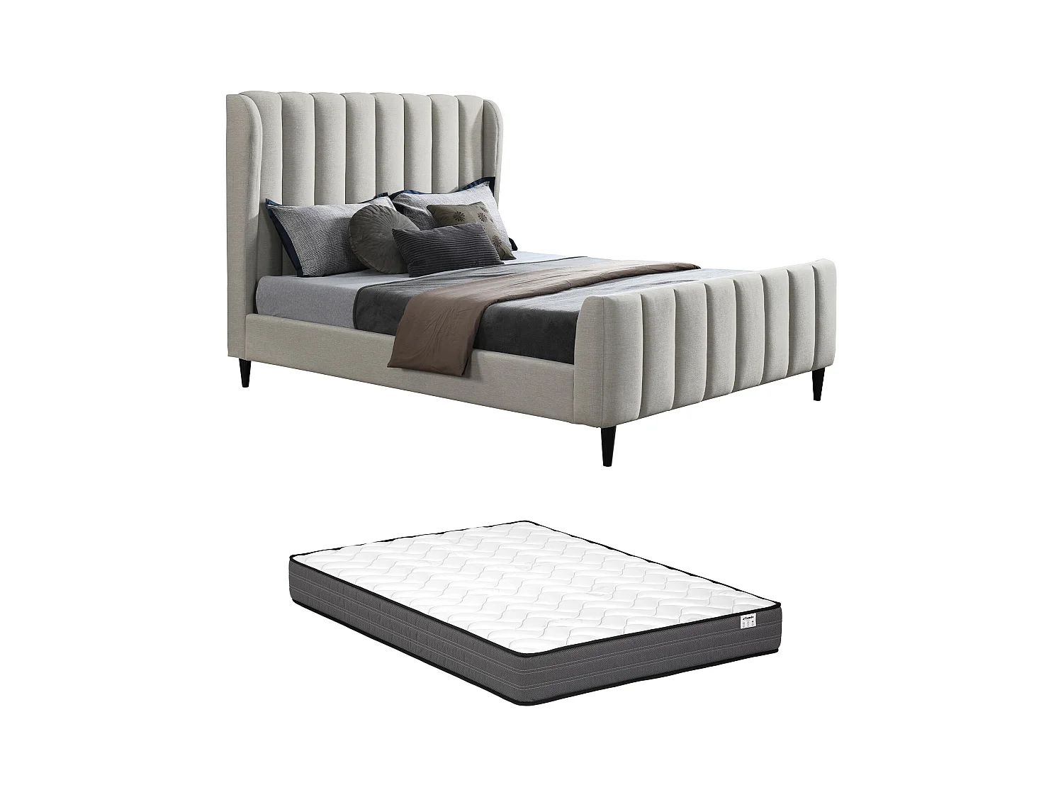 Cama 160 x 200 cm - Tela con costuras verticales - Gris claro + Colchón - CASAGOTI