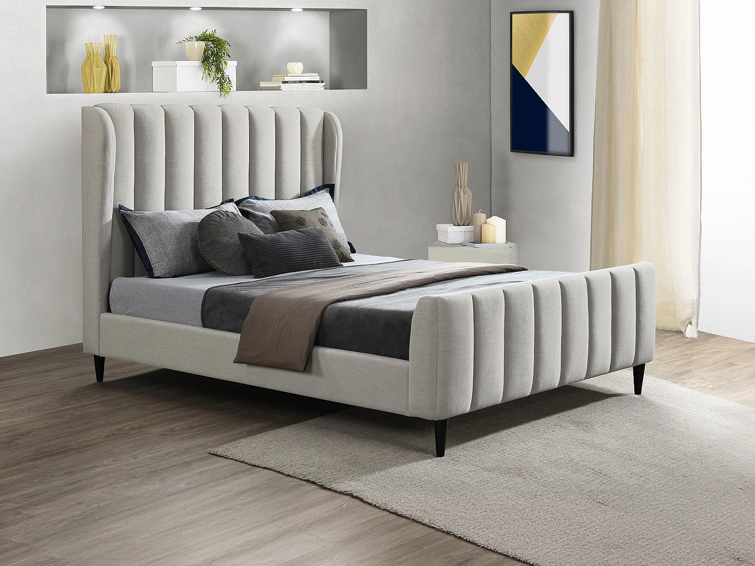 Lit 180 x 200 cm - Tissu avec coutures verticales - Gris clair + Matelas  - CASAGOTI