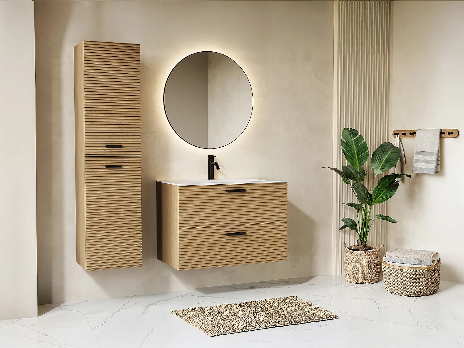 Colonne de salle de bain suspendue striée - Naturel clair - H140 cm - SARONE