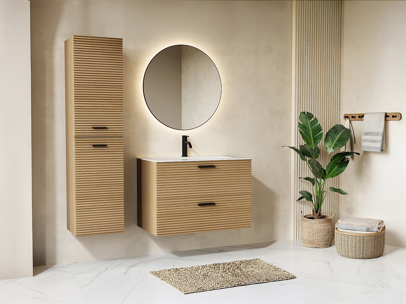 Colonne de salle de bain suspendue striée - Naturel clair - H140 cm