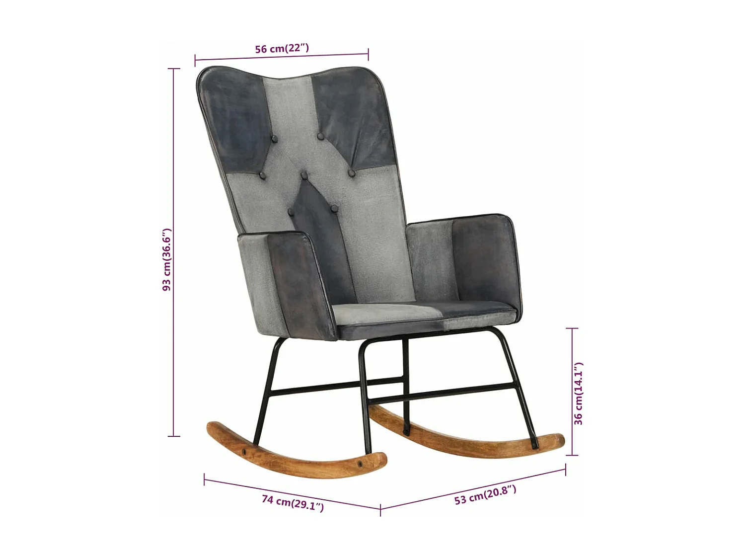 Chaise à bascule Gris Cuir véritable et toile