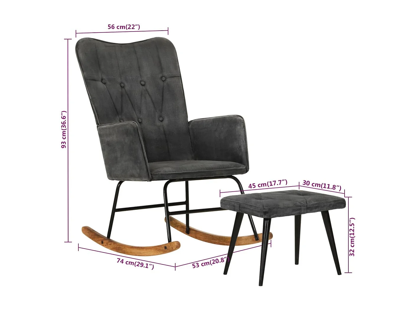 Chaise à bascule avec repose-pied Noir vintage Toile