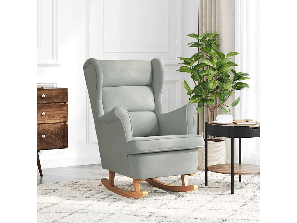 Schaukelstuhl Ohrensessel Hellgrau Samt und Massivholz