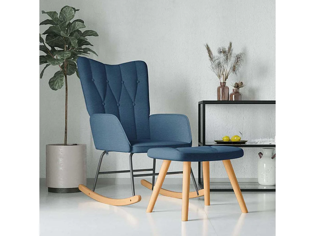 Silla mecedora con reposapiés tela azul