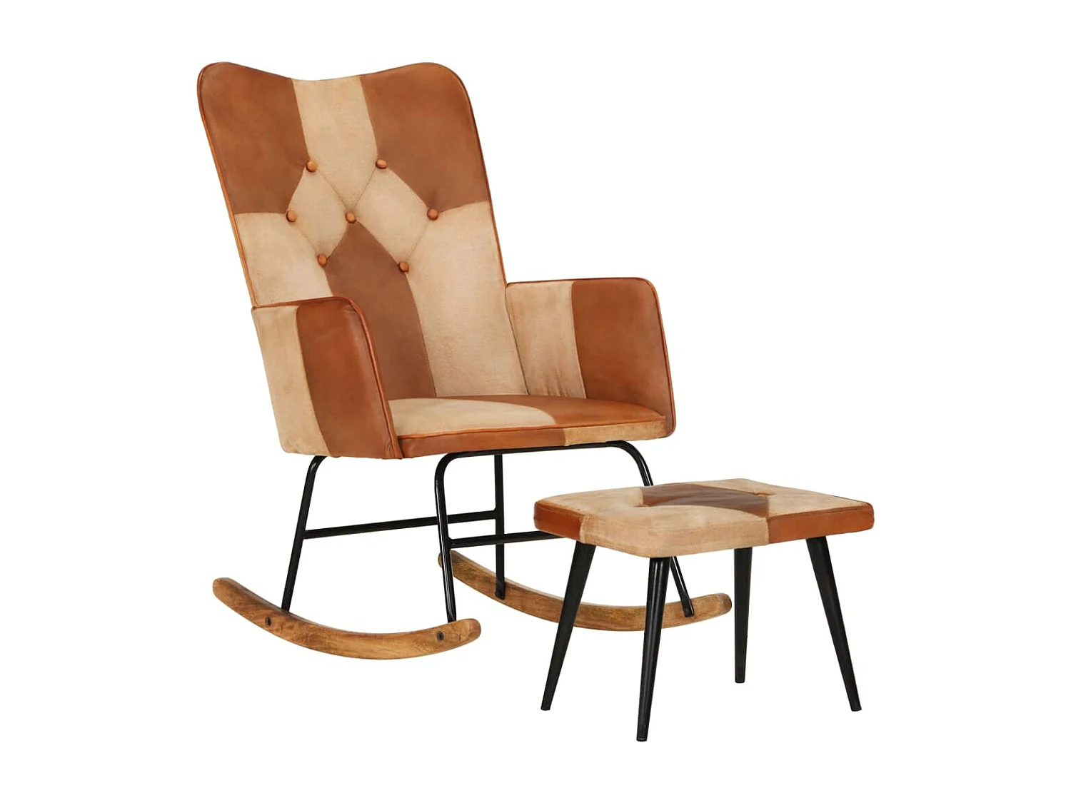 Sedia a Dondolo con Poggiapiedi Marrone in Vera Pelle e Tela