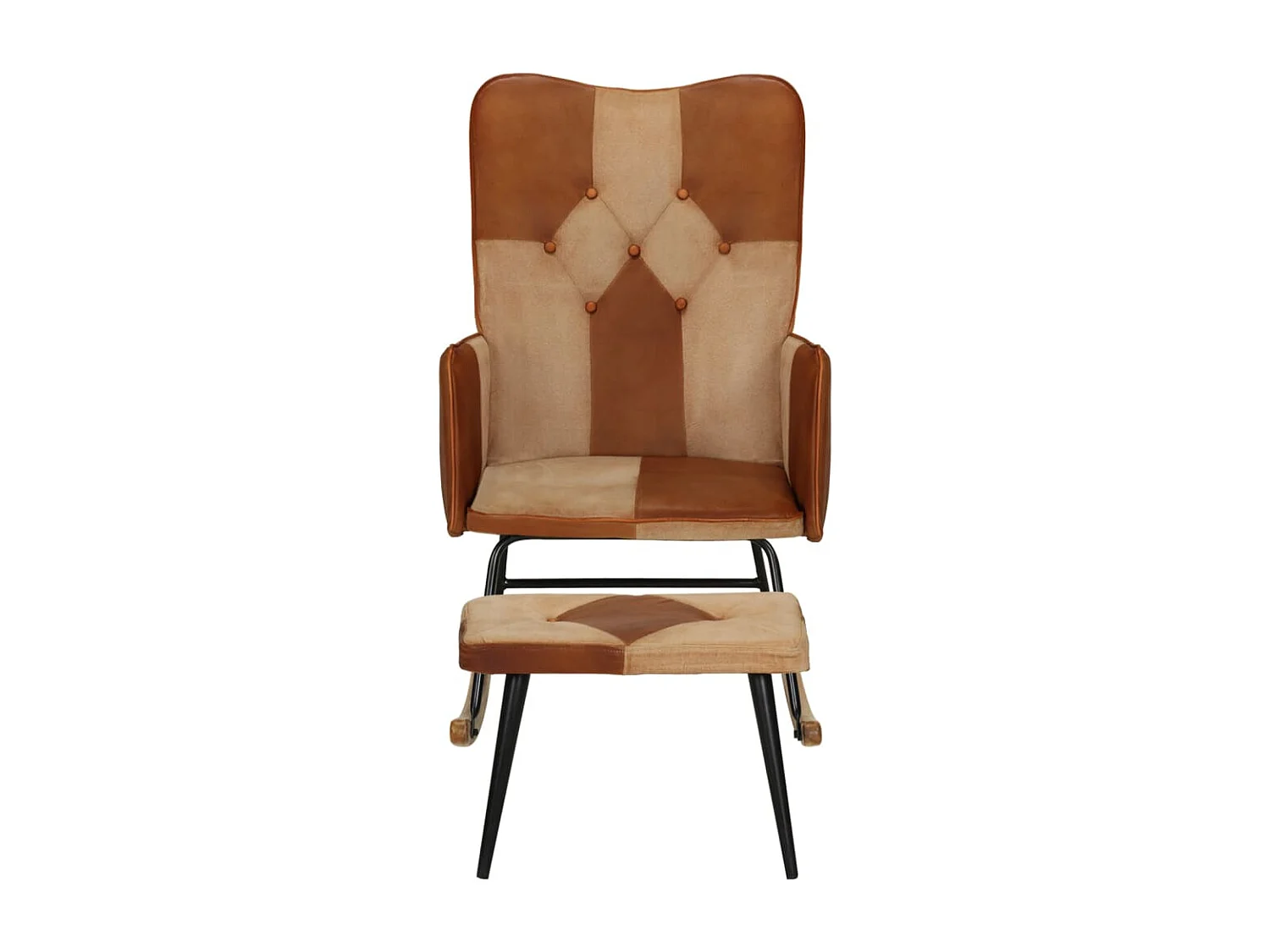 Sedia a Dondolo con Poggiapiedi Marrone in Vera Pelle e Tela