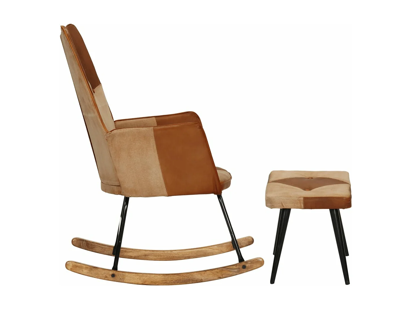 Sedia a Dondolo con Poggiapiedi Marrone in Vera Pelle e Tela