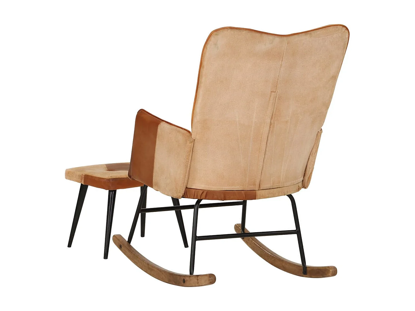 Sedia a Dondolo con Poggiapiedi Marrone in Vera Pelle e Tela