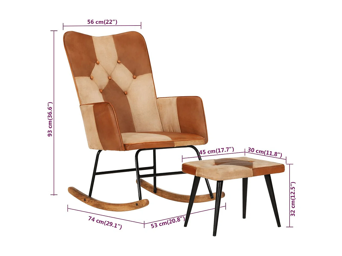 Sedia a Dondolo con Poggiapiedi Marrone in Vera Pelle e Tela