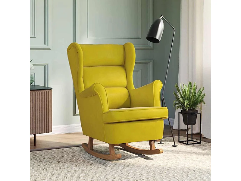 Fauteuil à bascule à oreilles en velours jaune bois massif