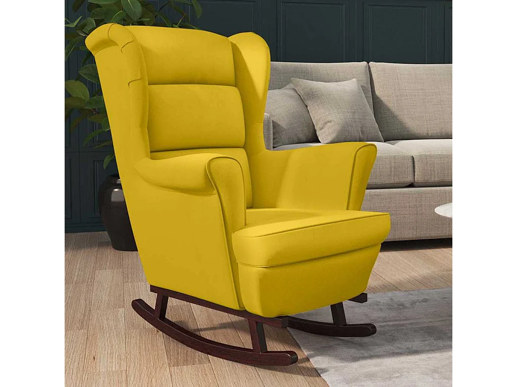 Fauteuil à bascule à oreilles en velours jaune bois massif