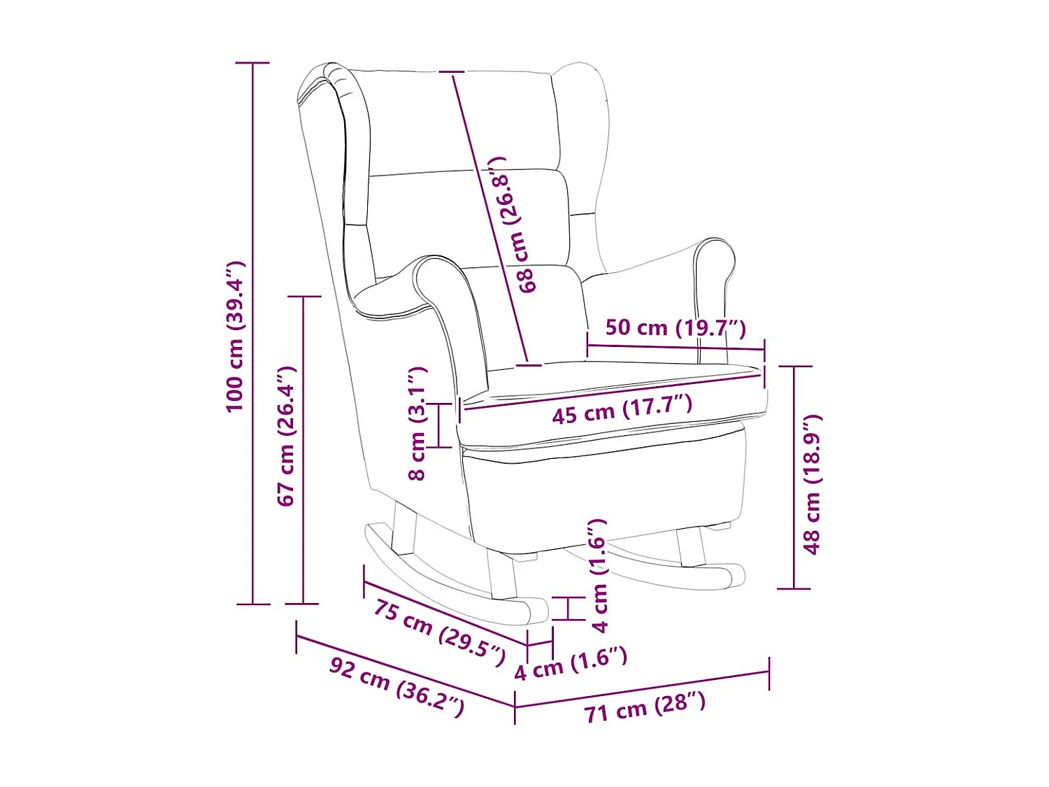 Fauteuil à bascule à oreilles en velours jaune bois massif
