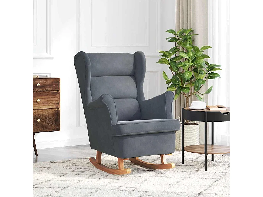 Fauteuil à bascule à oreilles en velours gris foncé bois massif