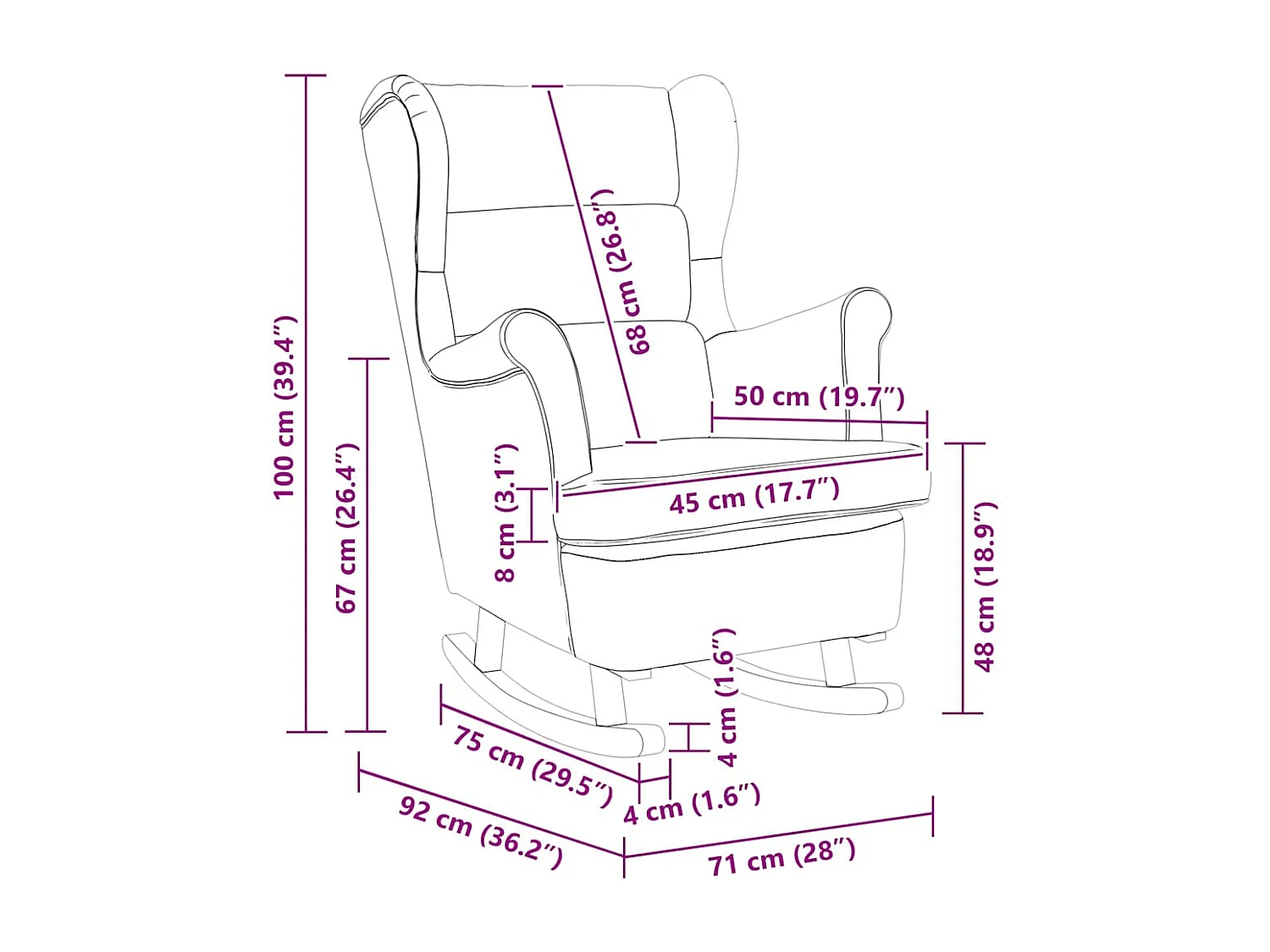 Fauteuil à bascule à oreilles en velours gris foncé bois massif