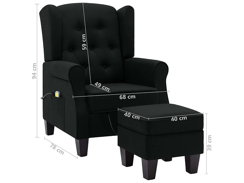 Fauteuil de massage avec repose-pied Noir Tissu