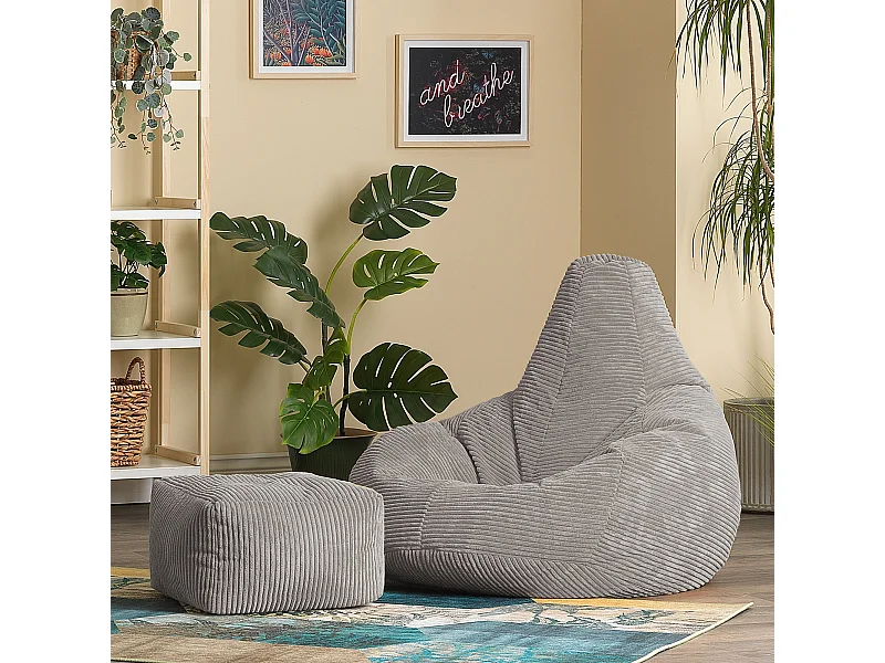 Pouf inclinable et son repose-pied velours côtelé, gris  - DALTON