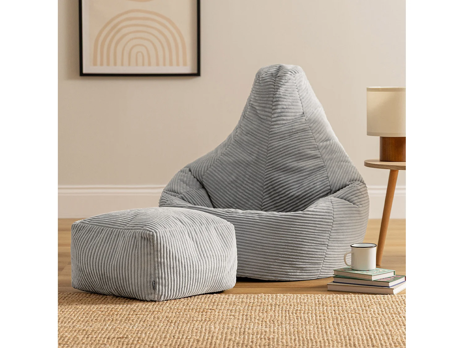 Pouf inclinable et son repose-pied velours côtelé, gris  - DALTON