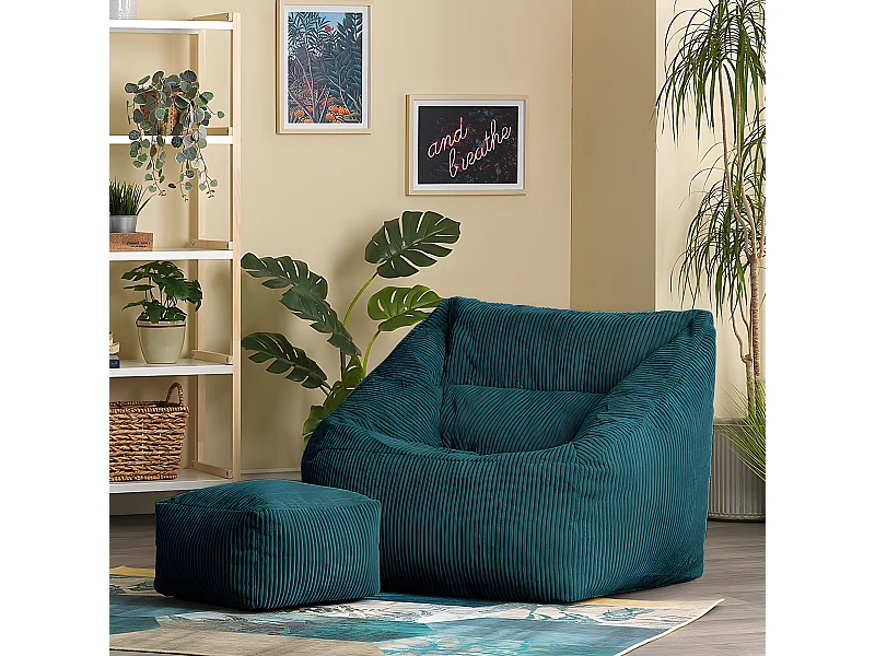 Pouf fauteuil et son repose-pieds carré velours côtelé bleu canard - MORGAN