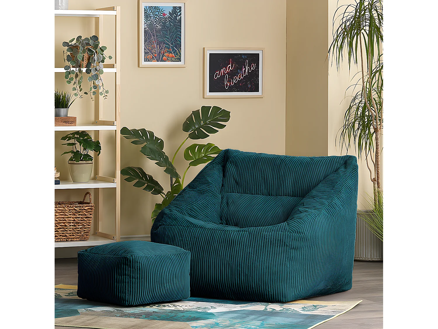Pouf fauteuil et son repose-pieds carré velours côtelé bleu canard - MORGAN
