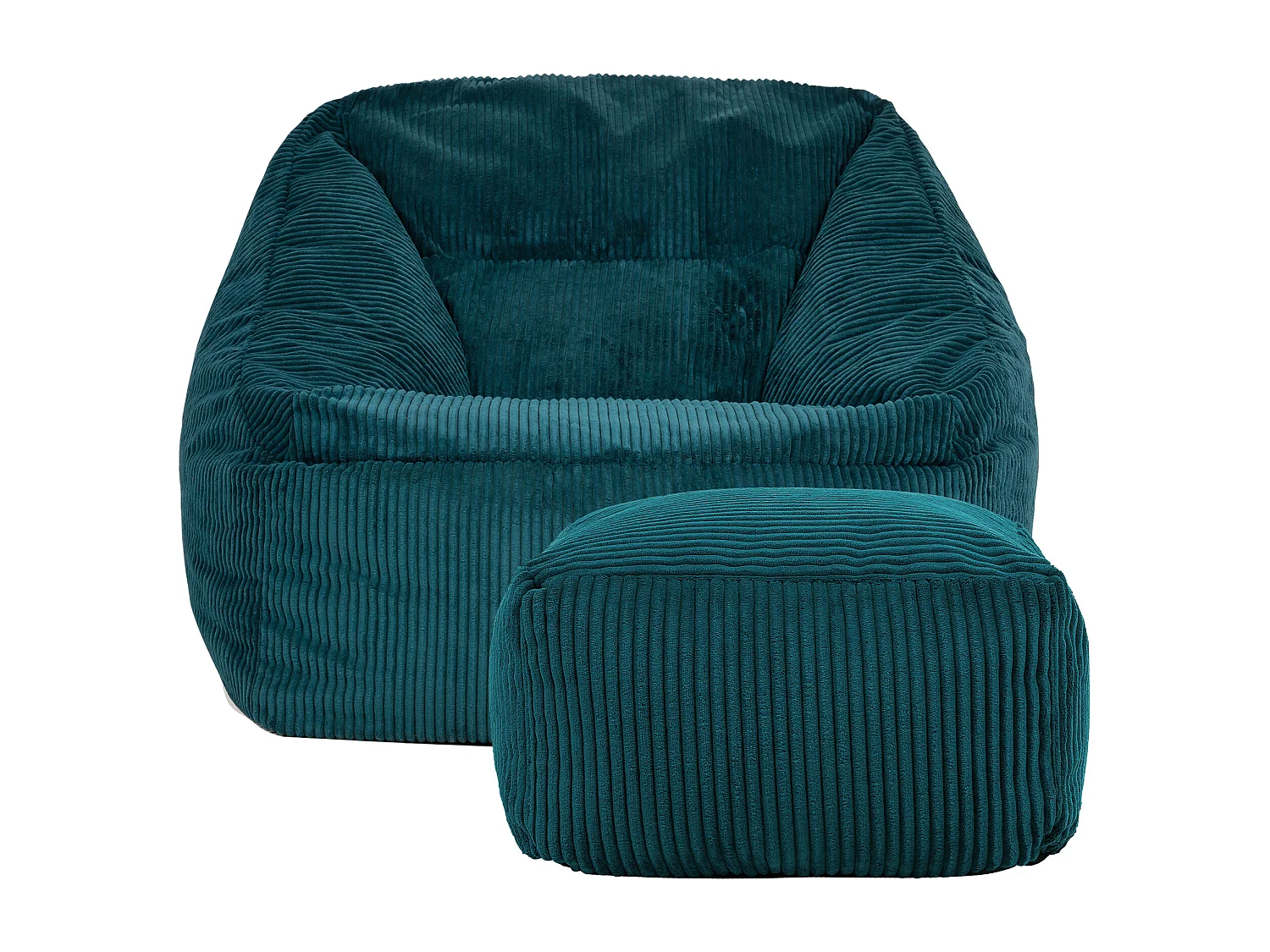 Pouf fauteuil et son repose-pieds carré velours côtelé bleu canard - MORGAN