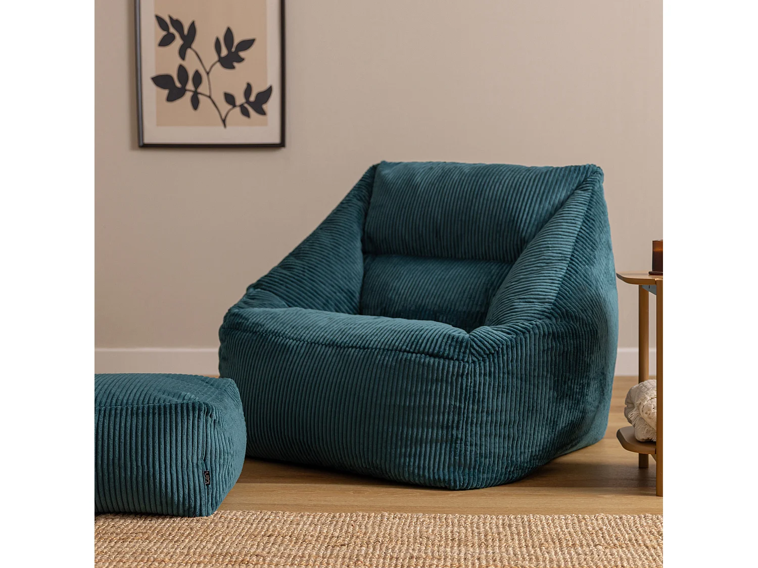 Pouf fauteuil et son repose-pieds carré velours côtelé bleu canard, salon ou chambre - NATALIA