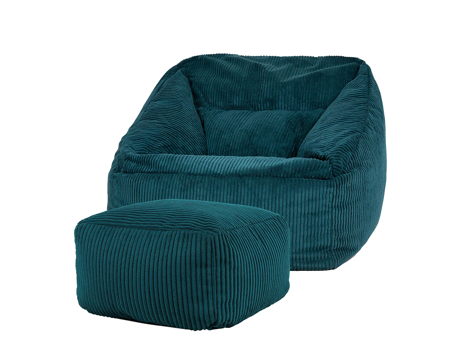 Pouf fauteuil et son repose-pieds carré velours côtelé bleu canard, salon ou chambre - NATALIA