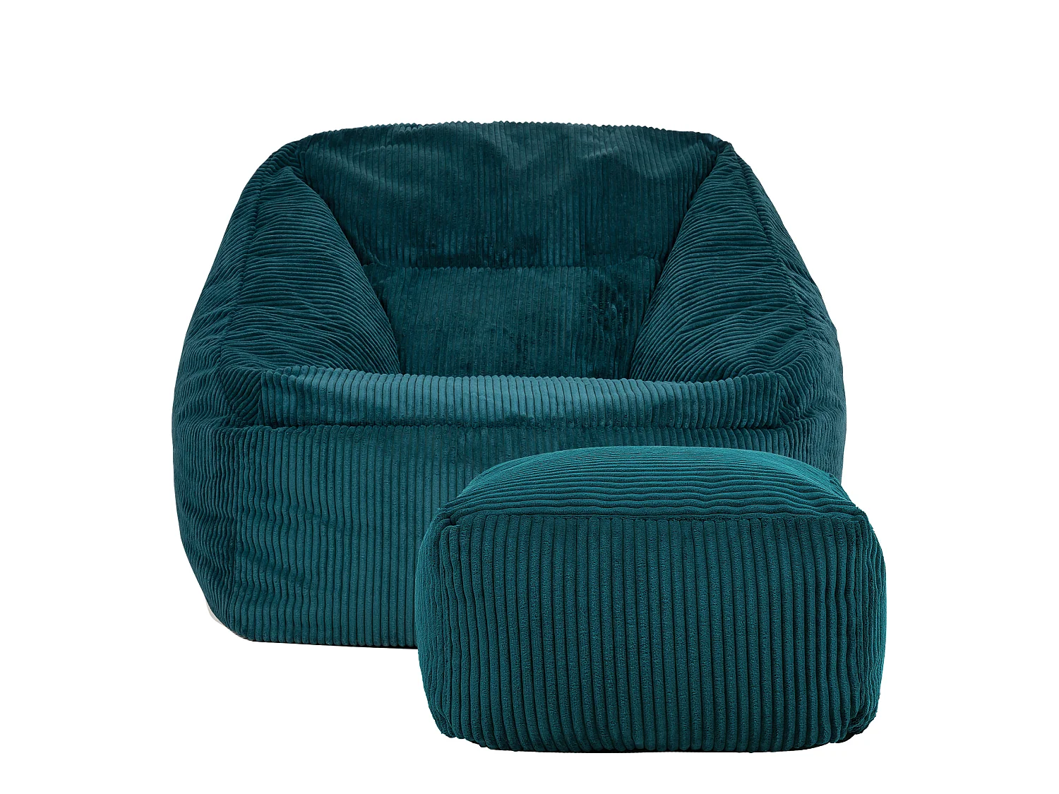 Pouf fauteuil et son repose-pieds carré velours côtelé bleu canard, salon ou chambre - NATALIA